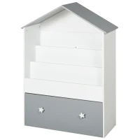 HOMCOM 3-Tier Bookcase with Drawer House Shaped Storage Organizer Bedroom Study Room for Children White & Grey(m-1)
