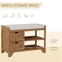 HOMCOM Compact Rustic Padded Wooden Shoe Rack Bench Organizer With Drawers - Coffee Woodgrain(m-4)