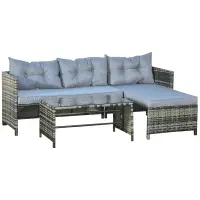 Outsunny 3 Piece Patio Furniture Set, Rattan Outdoor Sofa Set with Chaise Lounge & Loveseat, Soft Cushions, Tempered Glass Table, L-Shaped Sectional Couch, Light Gray(m-1)