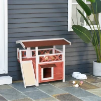 PawHut Outdoor Cat House Wooden Feral Cat Shelter, 2-Story Kitten Condo with Sisal Ramp, Weatherproof Roof and Balcony, Red(m-2)