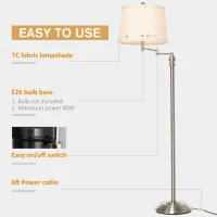 HOMCOM Standing Floor Lamp Tall Pole Light with Shade, Metal Round Base Adjustable Support Pole, E26 Bulb Base, for Bedroom, Living Room, Office, Silver/Beige(m-4)