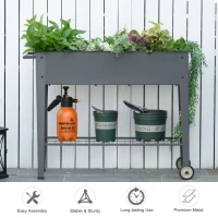 Outsunny 43" x 17" x 32" Elevated Planter Box with Legs Raised Garden Bed Elevated with 2 Wheels, Bottom Shelf for Storing Tools, & Water Drainage Hole, Grey(m-4)