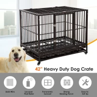 PawHut 42" Heavy Duty Dog Crate Metal Cage Kennel with Lockable Wheels, Double Door and Removable Tray, Brown(m-5)