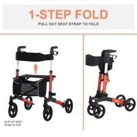 HOMCOM Aluminum Transport Rollator Walker 1-Step Open W/ Adjustable Seat  Bag  Crutch Holder(m-5)