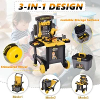 Qaba Workbench Set Pretend Play Toy with Realistic Tools 3-in-1 Design Suitcase Cart with 60 Pcs Accessories for Girls and Boys 3 to 6 Years Old Yellow(m-4)