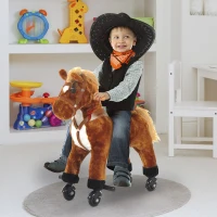 Qaba Kids Walking Pony Ride on Horse Rocking Toy Wheels & Footrest Neigh Sound, Brown(m-1)