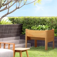 Outsunny 48" Raised Garden Bed with Hooks, 660lb Capacity Wood Elevated Planter Box with Water Draining and Liner, Funnel Design for Backyard Patio to Grow Vegetables, Herbs, Flowers, Natural(m-2)