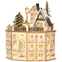 HOMCOM Christmas Advent Calendar, Light Up Table Xmas Wooden Holiday Decoration with Countdown Drawers and Village, for Kids and Adults, Natural(m-13)