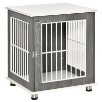 PawHut Dog Crate, Pet Cage Kennel, End Table Furniture Style, Indoor Decorative Dog House, with Wooden Top, Adjustable Feet, for Small Dogs, Grey(m-2)