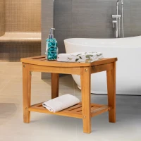 HOMCOM Indoor Outdoor Acacia Wood Shower Bench Bathroom Spa Chair Seat Organizer Storage Shelf(m-2)