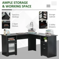 HOMCOM L-Shaped Corner Computer Desk PC Workstation Student Writing Table with Storage Shelf & Drawers, Black(m-9)