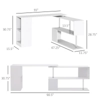 HOMCOM 55" 360° Rotating Corner Computer Desk Modern L-Shaped Home Office Workstation with 3-Tier Storage Shelves, Bookshelf, White(m-3)