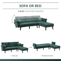 HOMCOM Modern Fabric Sectional Sofa Bed Set, Double Sofa and Chaise Lounge with Adjustable Backrest and 2 Removable Cushions, for Living Room Waiting Room, Dark Green(m-4)
