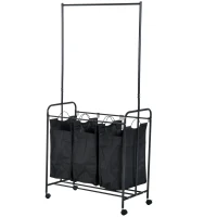 HomCom 3 Bag Heavy Duty Divided Laundry Hamper Sorter Cart With Wheels And Hanging Bar - Black(m-12)