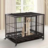 PawHut 42" Heavy Duty Dog Crate Metal Cage Kennel with Lockable Wheels, Double Door and Removable Tray, Brown(m-2)