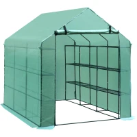 Outsunny Walk-in Greenhouse Plant Garden Hot House with 3 Tiers 18 Shelves, Roll-Up Zipper Door, Growing Shelter for Flowers, 8' x 6' x 7', Green(m-2)