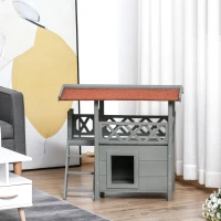 PawHut Wooden Cat House, 2-Floor Feral Cat Shelter, Kitten Condo Outdoor, Small Dog House with Balcony, Stairs, Asphalt Roof, Gray(m-6)