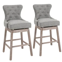 HOMCOM Upholstered Fabric Bar Height Bar Stools Set of 2, 180° Swivel Nailhead-Trim Pub Chairs, 30" Seat Height with Rubber Wood Legs, Grey(m-1)