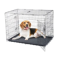 PawHut 42"x28"x30" Double Door Folding Metal Dog Crate Pet Cage Exercise Kennel Puppy House Playpen w/Plastic Tray(m-2)