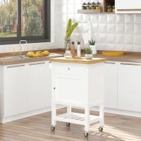 HOMCOM Utility Kitchen Cart, Rolling Kitchen Island with Smooth Rubberwood Top, Narrow Butcher Block Surface on Wheels with Storage Drawer & Cabinet, White(m-10)