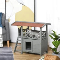 PawHut Wooden Cat House, 2-Floor Feral Cat Shelter, Kitten Condo Outdoor, Small Dog House with Balcony, Stairs, Asphalt Roof, Gray(m-4)