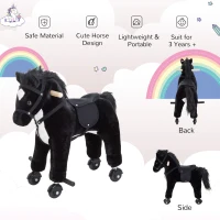 Qaba Kids Interactive Plush Mechanical Walking Ride On Horse Toy with Wheels - Black(m-7)