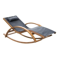 Outsunny Wooden Mesh Patio Rocking Chaise Lounge Outdoor Recliner Chair with Pillow – Black & Teak(m-1)