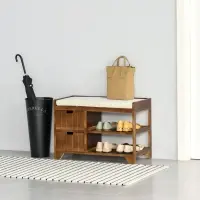 HOMCOM Compact Rustic Padded Wooden Shoe Rack Bench Organizer With Drawers - Coffee Woodgrain(m-2)