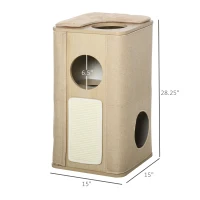 PawHut Wooden Cat Condo 3 Story Barrel Tower w/ Perch Removable Cover Cushions Sisal Scratching Carpet, Brown(m-3)
