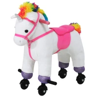 Qaba Kids Plush Toy Ride-on Rocker Unicorn Horse Rolling Pony w/ Realistic Sound - White(m-2)