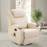 HOMCOM PU Leather Massing Recliner with 8-Point Vibration, Cup Holders, Manual Pull Handle and 360 Swivel, Beige(m-8)