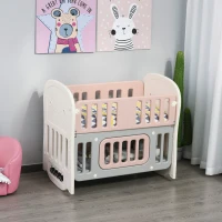 Qaba Baby Crib 3 In 1 Design Toddler Cot Cradle Beside Sleeping Cot with Storage Function Detachable Lockable Wheels for Infant Newborn Age 0 to 6 Months,Pink(m-1)