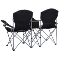 Outsunny 2 Person Folding Camping Chair Oxford Metal Fishing w/ Ice Bag  Cup Holder Black(m-5)
