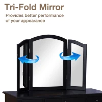 HOMCOM 63"H Elegant Vanity Table Set Tri-Fold Mirrored Make-Up Dressing Table with Cushioned Stool 5 Drawer Black(m-6)