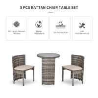 Outsunny 3 PCS Outdoor Rattan Wicker Bistro Set with Storage Shelf, Glass Top Table, Soft Cushioned Chairs and Space Saving Design, Patio Conversation Set for Garden Backyard Porch, Grey(m-5)