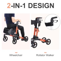 HOMCOM Aluminum Transport Rollator Walker 1-Step Open W/ Adjustable Seat  Bag  Crutch Holder(m-4)
