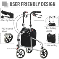 HOMCOM Steel Walker for Seniors, Three Wheel Adjustable Height Rollator with Handbrakes and Storage Bag(m-4)