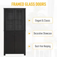 HOMCOM 71" Freestanding Kitchen Pantry Cabinet with Glass Door and Shelves, Tall Cupboard for Dining Room, Living Room, Black(m-5)