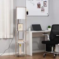 HOMCOM Floor Lamp with Display Shelves, Modern Standing Lamps with Footswitch, Solid Wood Nightstand Tower Lamp for Living Room Bedroom and Office(m-9)