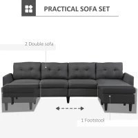 HomCom Elegant 3 Piece Sofa Chaise Lounge Set with Wooden Leg Footstool, & Large Multifunctional Loveseat - Grey(m-5)