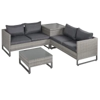 Outsunny 4 PCs PE Rattan Wicker Sofa Set Outdoor Conservatory Furniture Lawn Patio Coffee Table w/ Side Storage Box & Cushion, Grey(m-2)