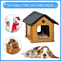 PawHut Heated Cat House Condo, Foldable Enclosed Pet House with Heating Pad for Cats or Small Dogs, Use for Indoor or Covered Outdoor Areas, Log Cabin Design(m-5)