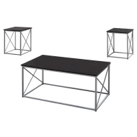 Monarch 3 Piece Modern Minimalist X Braced Laminate Top Coffee Table / Two Matching End Tables Set - Cappuccino, Silver Metal(m-1)