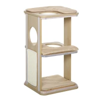 PawHut Wooden Cat Condo 3 Story Barrel Tower w/ Perch Removable Cover Cushions Sisal Scratching Carpet, Brown(m-7)