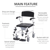 HOMCOM Accessibility Commode Wheelchair, Rolling Shower Wheelchair with 4 Castor Wheels, Rectangle Detachable Bucket, & Waterproof Design, 17" Seat Width, Black(m-5)