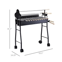 Outsunny 35" Charcoal BBQ Grill and Smoker Combo 2 in 1 Portable Rotisserie with Large/Small Skewers Included and 4 Wheels for Portability(m-3)
