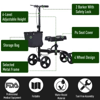 HOMCOM Medical Foldable Steerable Leg Knee Walker Scooter with Basket Attachment - Black(m-4)