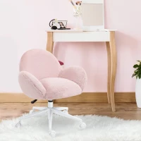 HOMCOM Faux Fur Leisure Chair Accent Chair Office Swivel Chair with Mid-Back Wide Design, Adjustable Seat Height, Steel Base, Wheels, Pink(m-2)