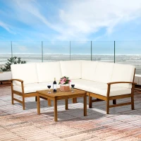 Outsunny 6 Piece L Shape Garden Sofa Set Solid Acacia Wood Garden Furniture Set with a Coffee Table for Yard and Bistro, Cream(m-2)