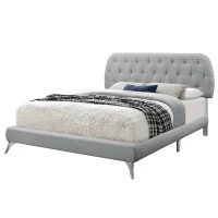 Monarch Queen Size Contemporary Upholstered Bed Frame with Padded Diamond Tufted Headboard and Curved Chrome Legs - Grey Linen Look(m-1)
